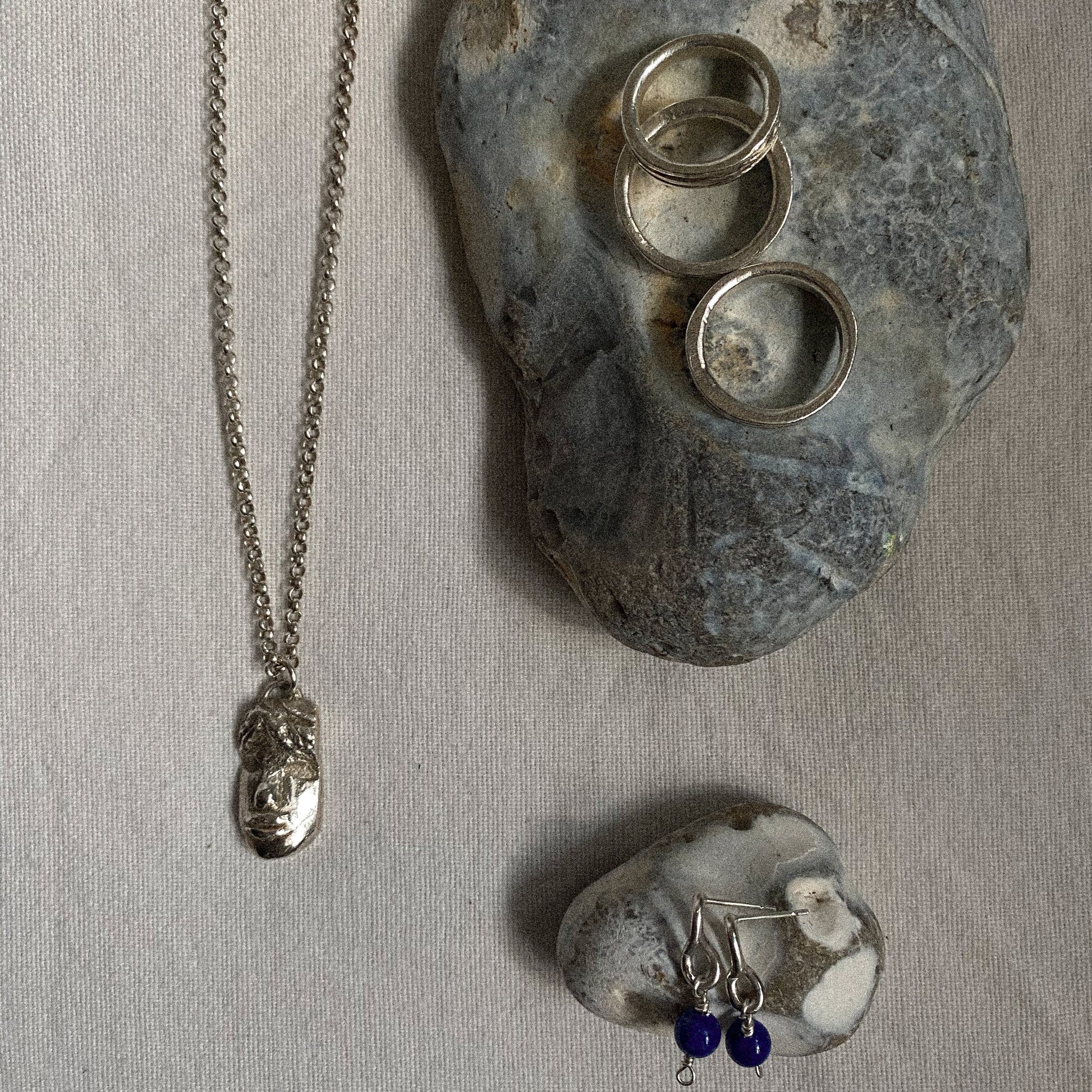Dolorem Patrocli Necklace, Columnae Rings, Tartarus Lapis Earrings- Hanifah Jewellery